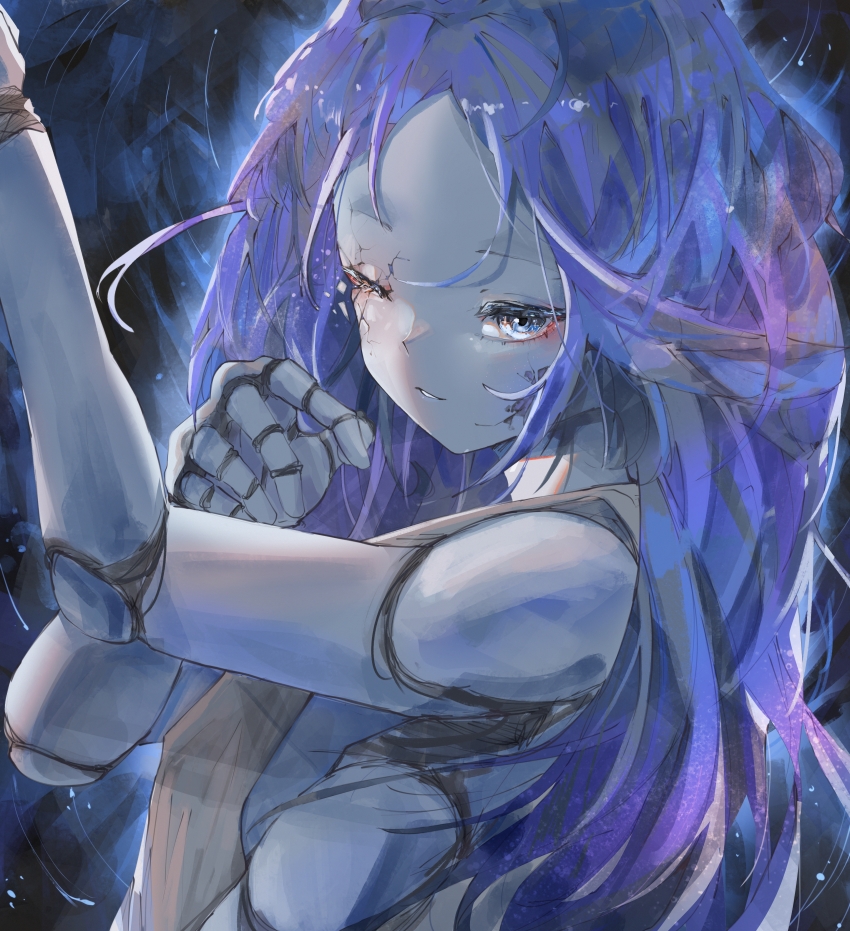 1girl, absurdres, arm_up, blue_eyes, blue_hair, brown_dress, commentary, cracked_skin