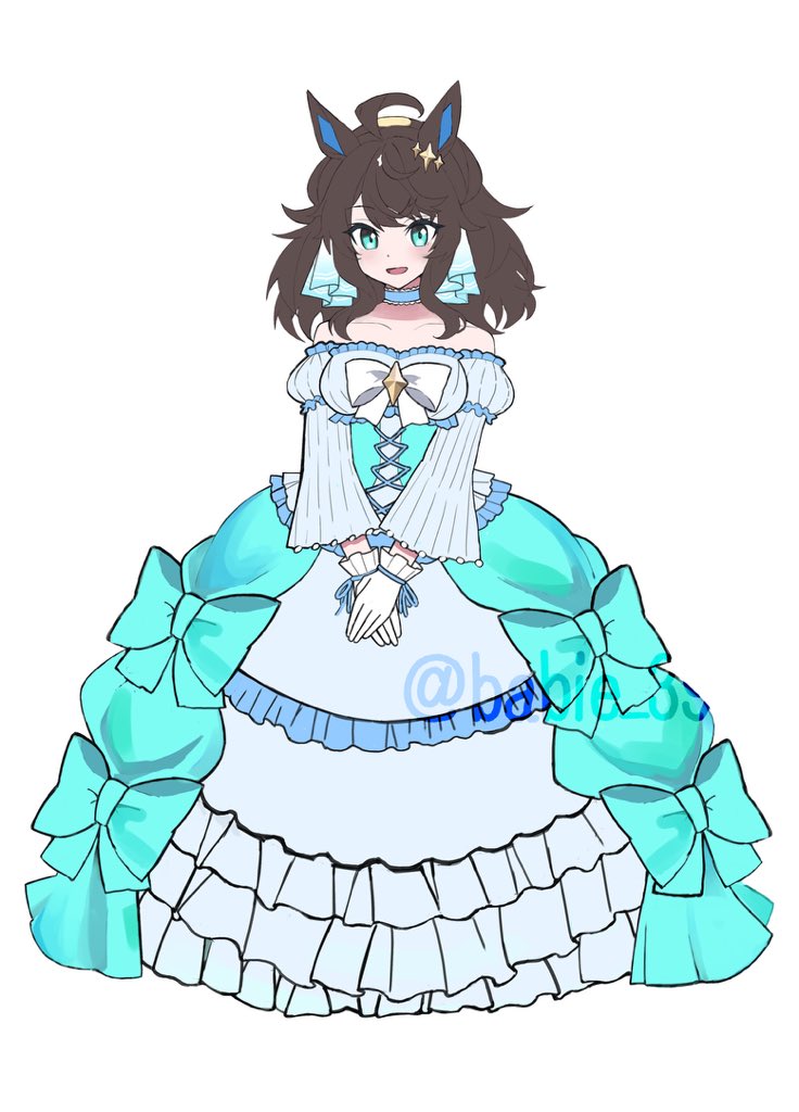 1girl, alternate_costume, babie, black_hair, blue_eyes, blush, collarbone, daring_tact_(umamusume)