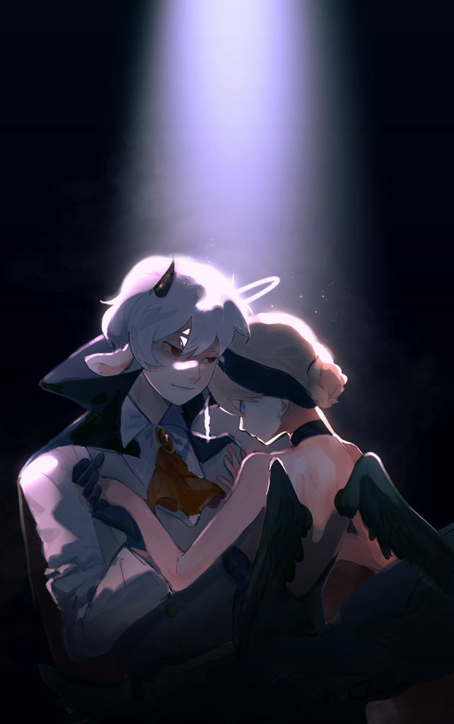 1boy, 1girl, achai_dong, all_saints_street, alternate_costume, angel, angel_wings, animal_ears