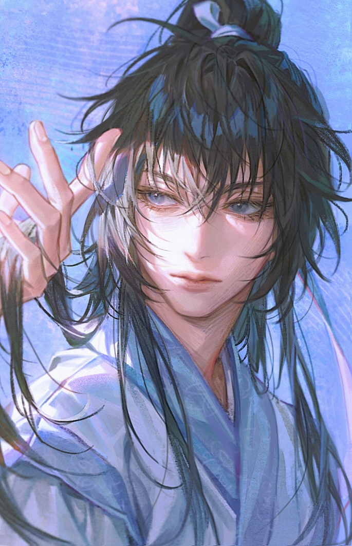 1boy, black_hair, blue_background, blue_eyes, chinese_clothes, closed_mouth, hair_ribbon, hand_in_another's_hair, high_ponytail, jinhongi, long_hair, looking_to_the_side, male_focus, out_of_frame, ponytail, ribbon, seol_young, solo, upper_body, white_ribbon, zero_q_0q