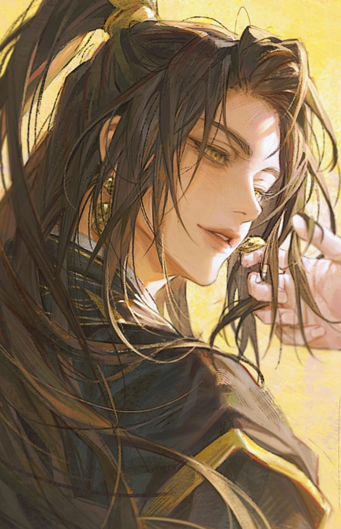 1boy, brown_hair, chinese_clothes, earrings, gold_earrings, half_updo, hand_in_another's_hair, high_ponytail, jewelry, jinhongi, korean_commentary, long_hair, looking_at_another, male_focus, out_of_frame, parted_lips, ponytail, smile, solo, upper_body, yellow_background, yellow_eyes, zaha, zero_q_0q