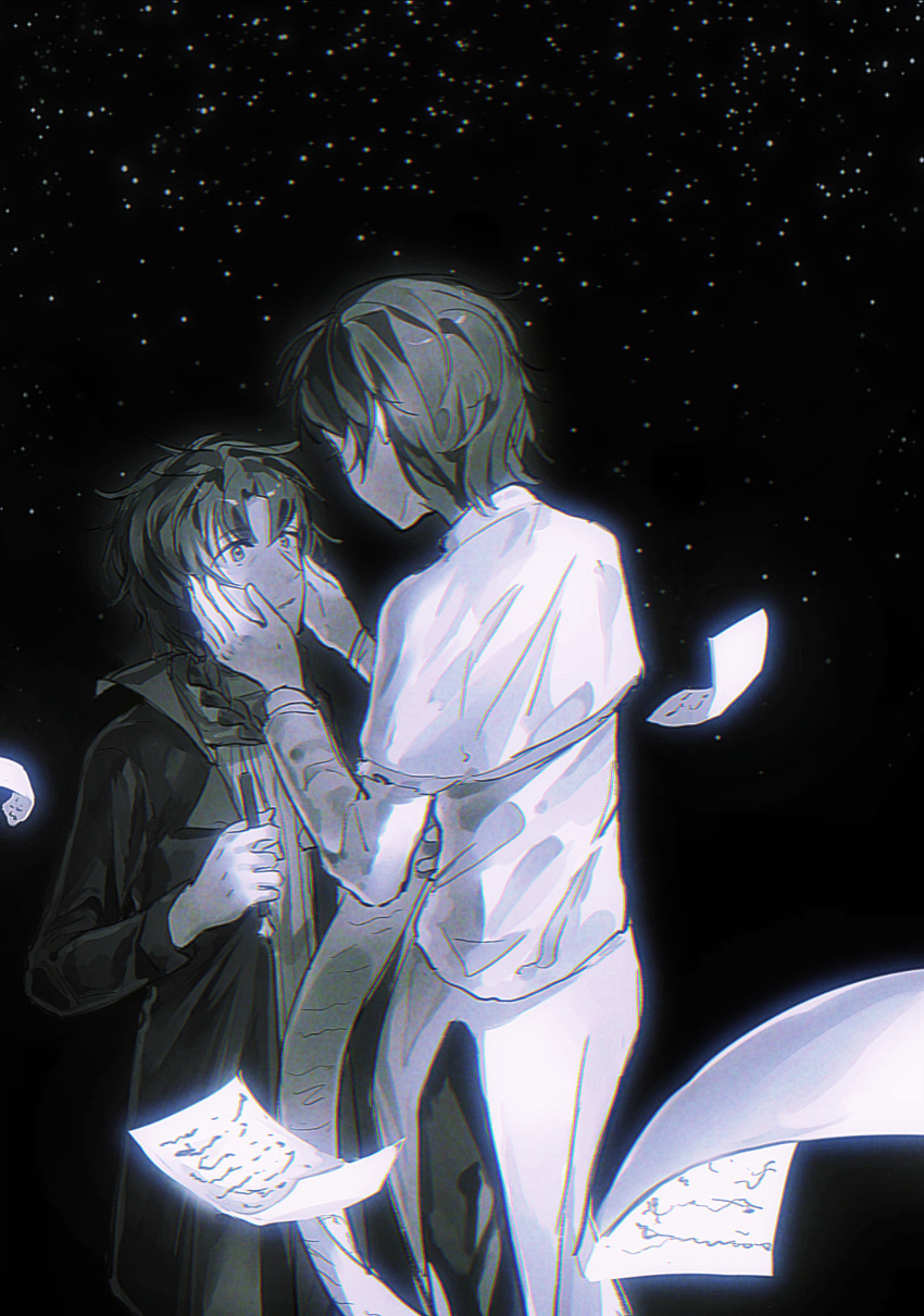 1boy, 1girl, black_background, braid, capelet, chinese_commentary, chromatic_aberration, coat