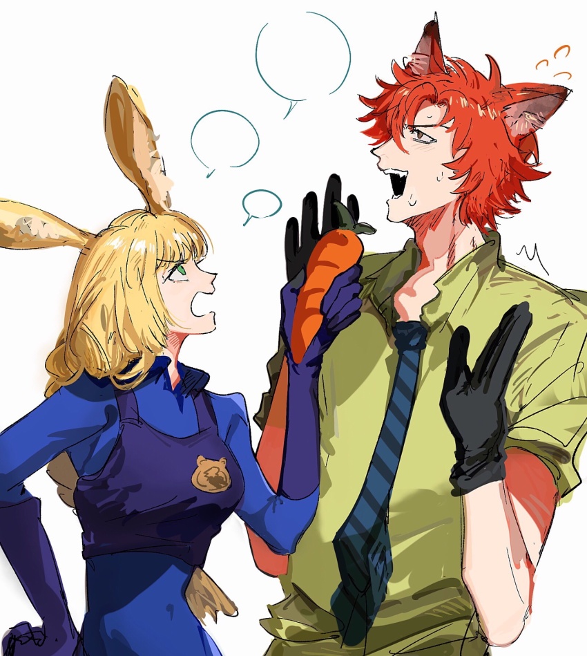 1boy, 1girl, ^^^, animal_ear_fluff, animal_ears, aqua_eyes, black_gloves, blank_speech_bubble