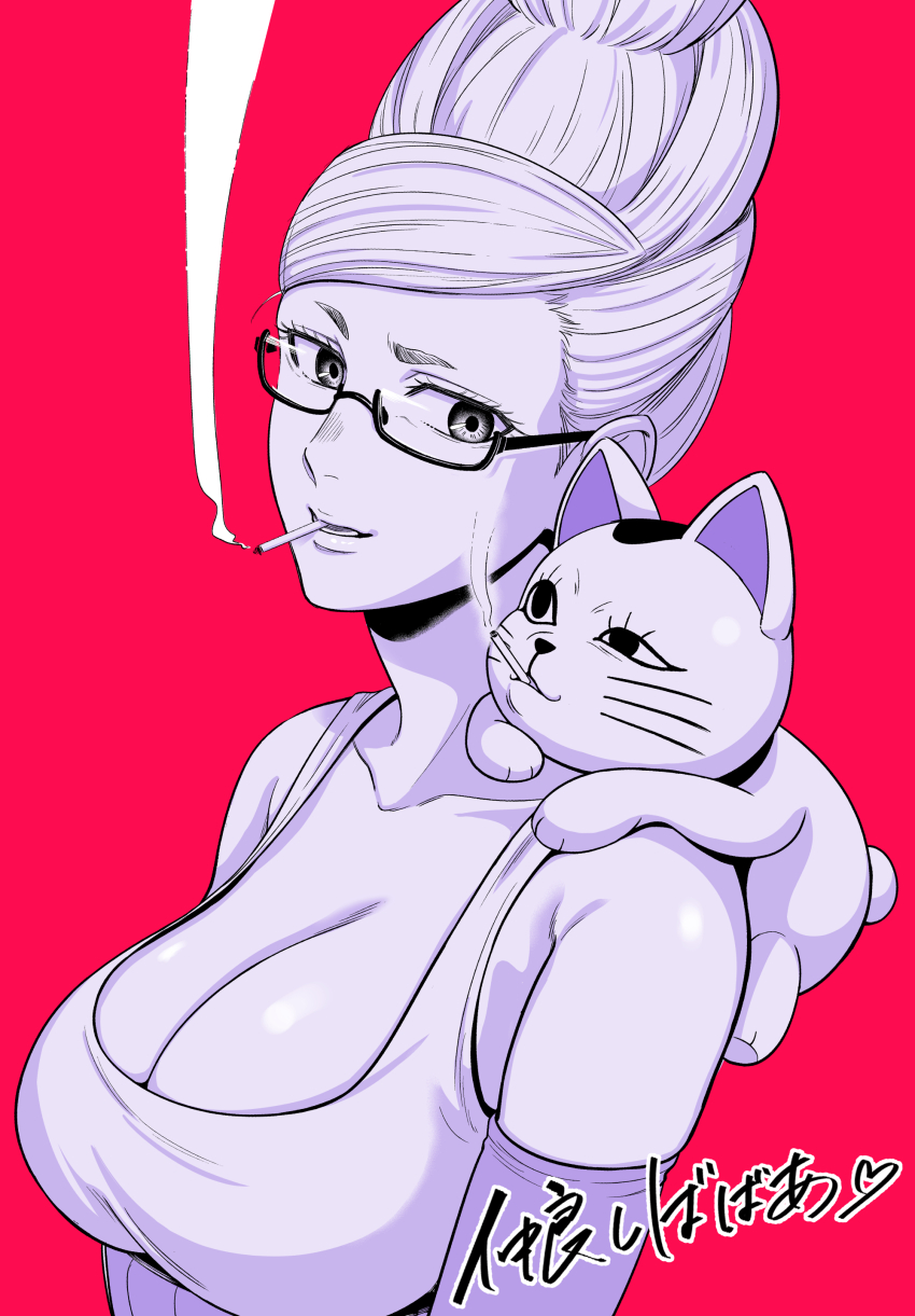 1girl, absurdres, ayase_seiko, bare_shoulders, breasts, cat, cigarette, cleavage