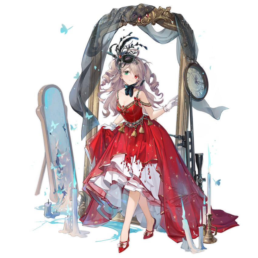 1girl, :3, analog_clock, black_mask, blue_butterfly, blue_fire, breasts, broken_mirror