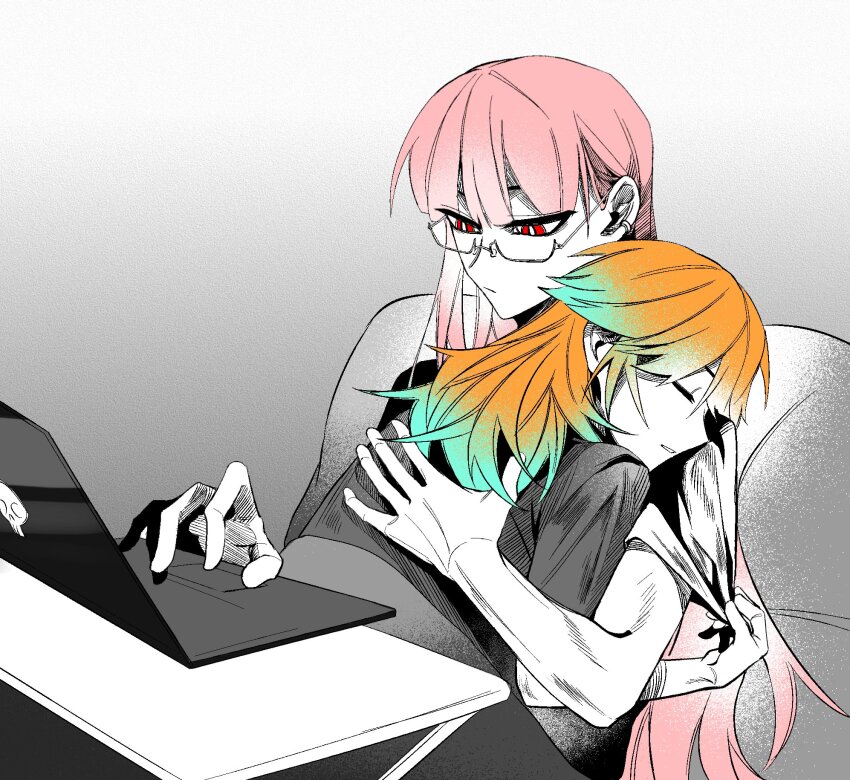 2girls, breasts, couple, earrings, feather_earrings, feathers, girl_on_top, gradient_hair