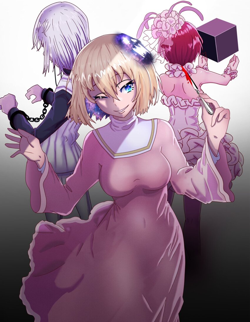 1boy, 2girls, ;), accelerator_(toaru_majutsu_no_index), aleister_crowley_(toaru_majutsu_no_index), black_shirt, blonde_hair, blood, blue_eyes, breasts, colored_inner_hair, commentary, coronzon_(toaru), covered_navel, cube, cuffs, dion_fortune, dress, ebora, english_commentary, frilled_dress, frills, grey_hair, hair_ornament, handcuffs, highres, holding, holding_knife, knife, large_breasts, laura_stuart, medium_hair, multicolored_hair, multiple_girls, one_eye_closed, pantyhose, parted_lips, pink_dress, pink_pantyhose, red_hair, shirt, short_hair, simple_background, smile, starry_hair, strapless, strapless_dress, toaru_majutsu_no_index, toaru_majutsu_no_index:_genesis_testament, toaru_majutsu_no_index:_new_testament, veil, vest, white_dress, white_veil, white_vest