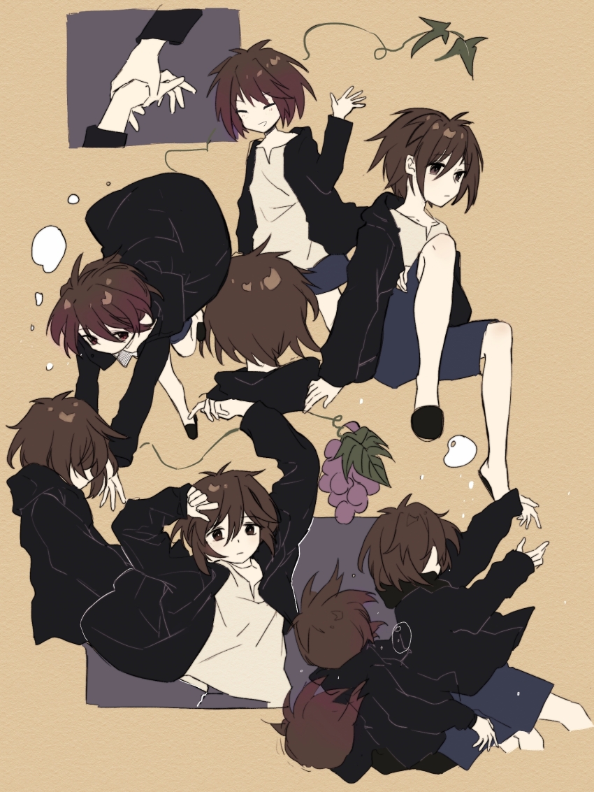 2boys, arms_up, black_jacket, black_slippers, blue_shorts, brown_hair, bubble, chinese_commentary