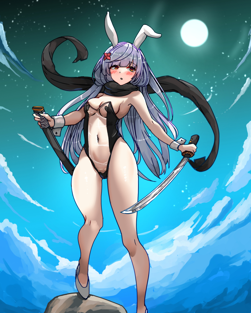 1girl, alternate_hair_color, animal_ears, armpits, bakasp-lilzy, black_leotard, black_scarf, blue_hair