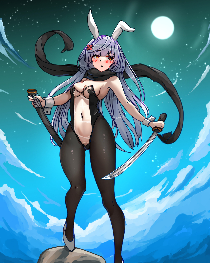 1girl, alternate_hair_color, animal_ears, armpits, bakasp-lilzy, black_leotard, black_pantyhose, black_scarf