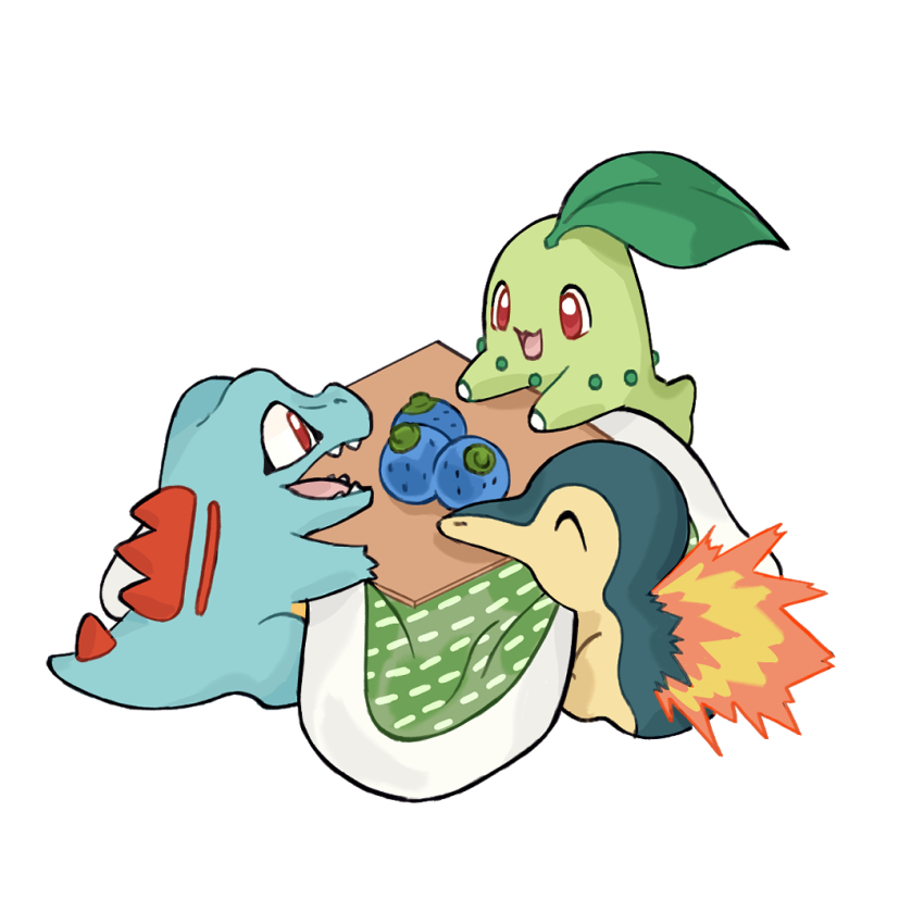 :d, animal_focus, berry_(pokemon), blueberry, chikorita, closed_eyes, cyndaquil, fire, food, fruit, gen_2_pokemon, kotatsu, leaf, leaf_on_head, looking_at_another, mjoyart, nintendo, no_humans, open_mouth, pokemon, pokemon_(creature), red_eyes, shadow, sharp_teeth, simple_background, sitting, smile, starter_pokemon_trio, table, teeth, totodile, white_background