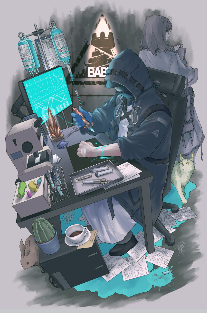 1girl, 1other, absurdres, animal, aqua_blood, arknights, black_jacket, blood