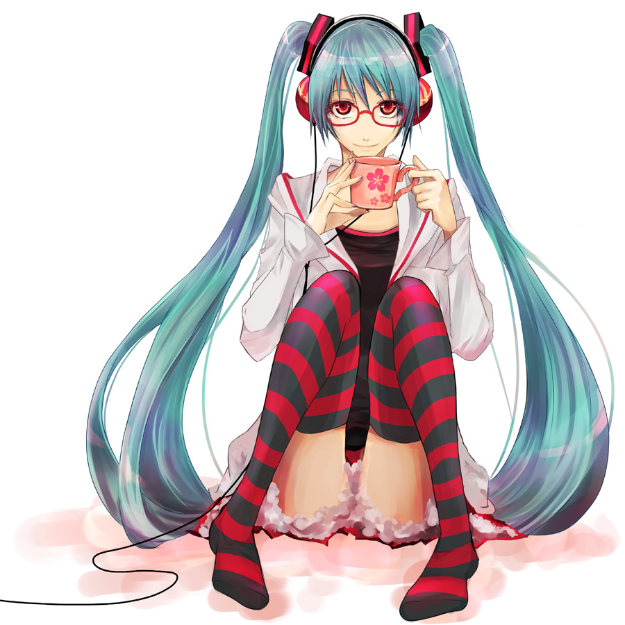 1girl, aqua_hair, bad_id, bad_pixiv_id, cup, female_focus, glasses, hatsune_miku