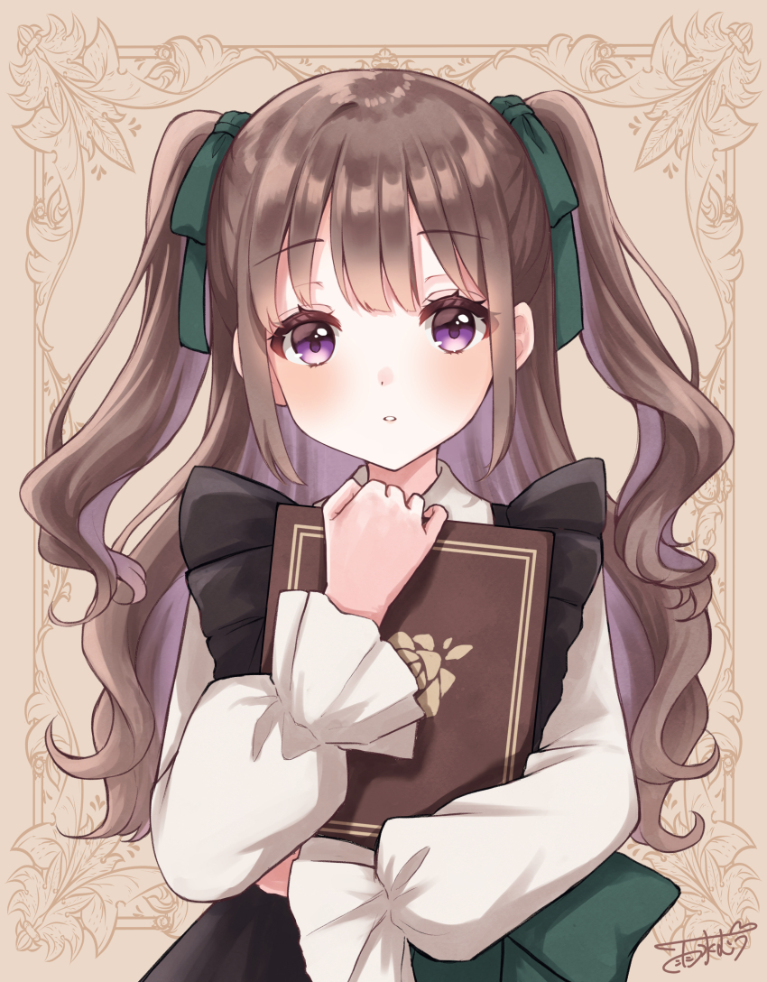 1girl, absurdres, black_dress, blush, book, bow, brown_background, brown_hair