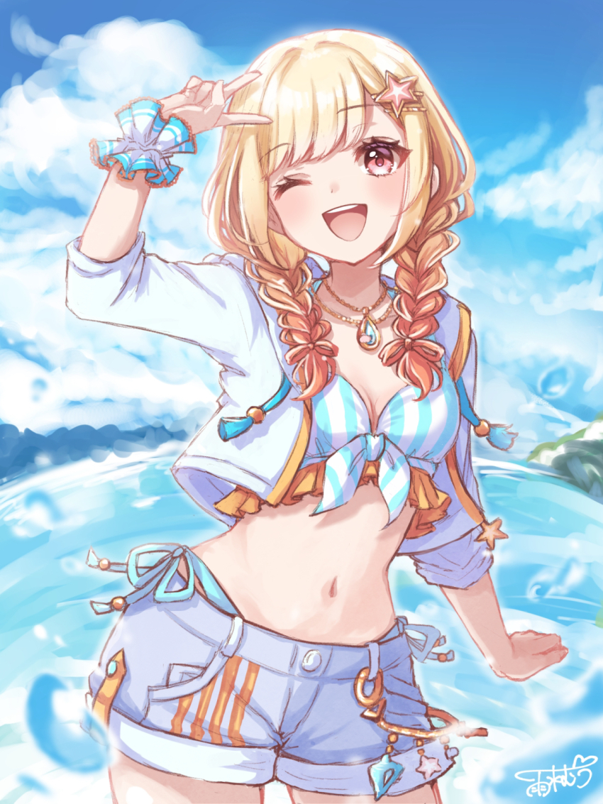 1girl, :d, arm_at_side, arm_up, bikini, blonde_hair, blue_bikini, blue_sky