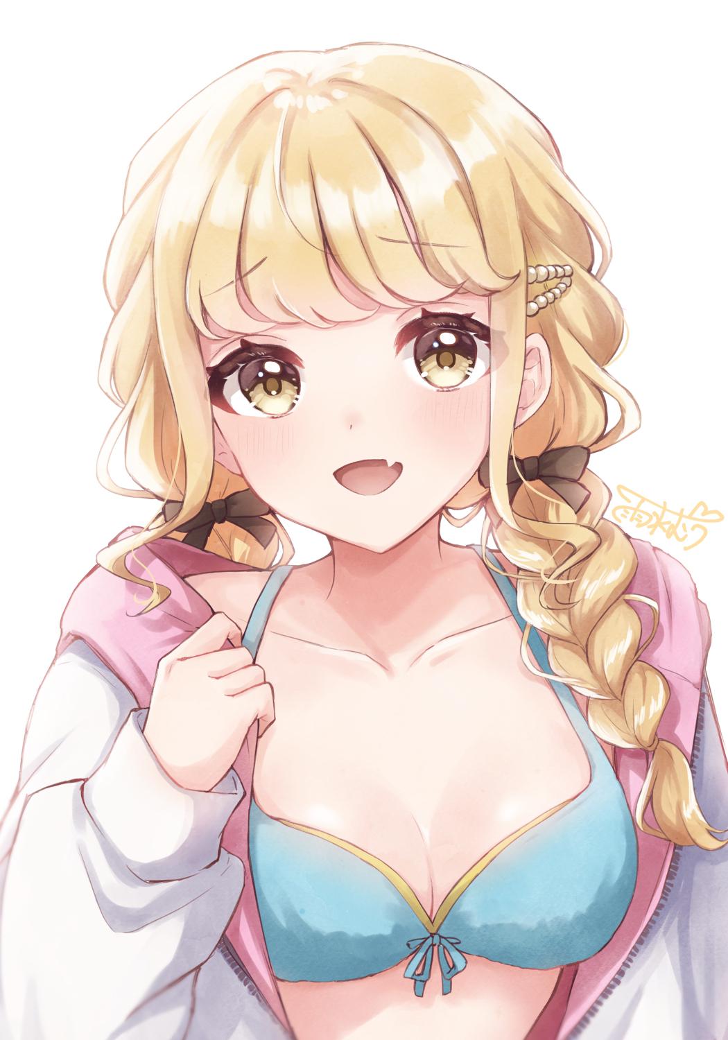 1girl, bikini, black_bow, blonde_hair, blue_bikini, blush, bow, braid, breasts, cleavage, collarbone, commentary_request, fangs, front-tie_bikini_top, front-tie_top, fujita_kotone, gakuen_idolmaster, hair_bow, hair_over_shoulder, hand_up, highres, hood, hood_down, hooded_jacket, idolmaster, jacket, long_sleeves, looking_at_viewer, medium_breasts, open_clothes, open_jacket, open_mouth, pearl_hair_ornament, pink_hood, puffy_long_sleeves, puffy_sleeves, simple_background, skin_fangs, solo, swimsuit, twin_braids, upper_body, usui_muu, white_background, white_jacket, yellow_eyes