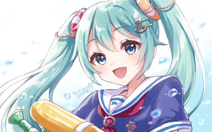 1girl, :d, air_bubble, anchor_hair_ornament, aqua_hair, blue_background, blue_eyes, bubble