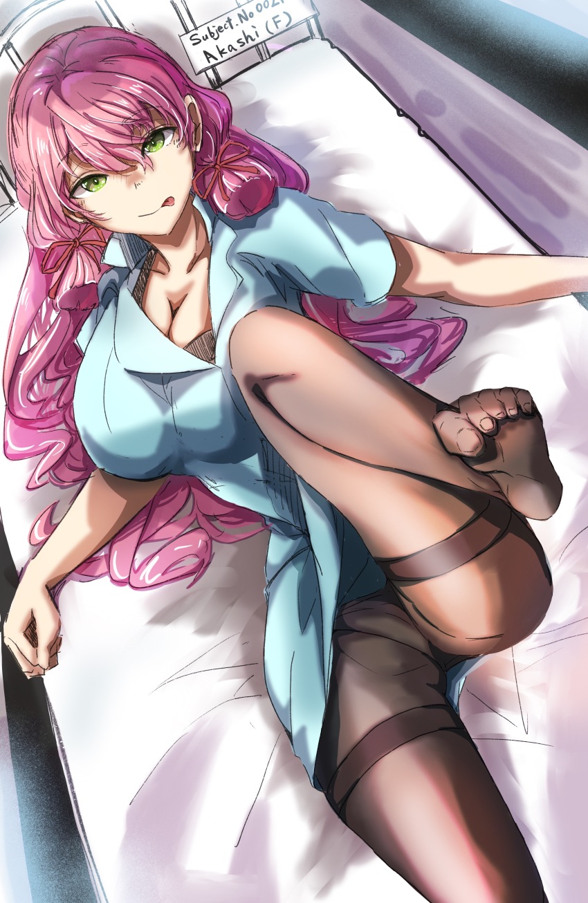 1girl, absurdres, akashi_(kancolle), alternate_costume, bed, blunt_tresses, blush, breasts