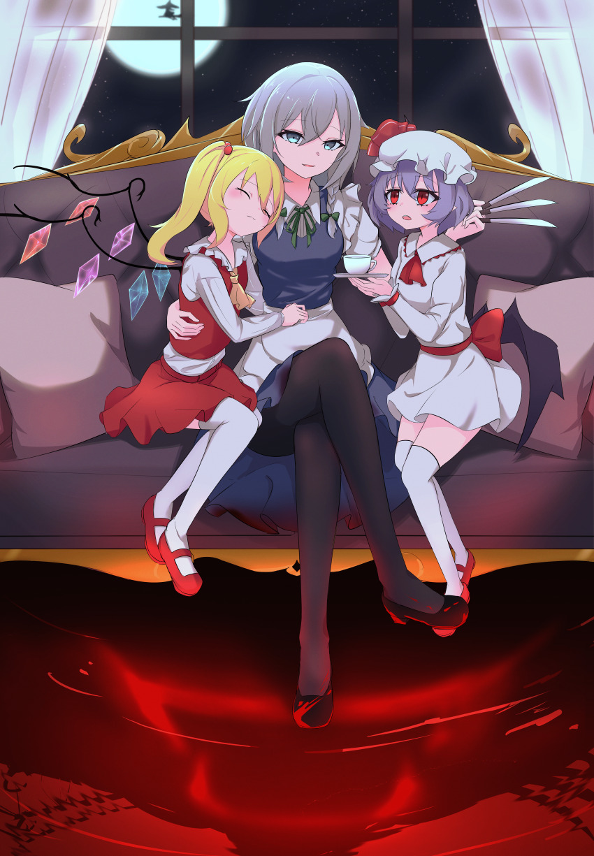 3girls, absurdres, apron, ascot, back_bow, bat_wings, black_footwear, black_pantyhose