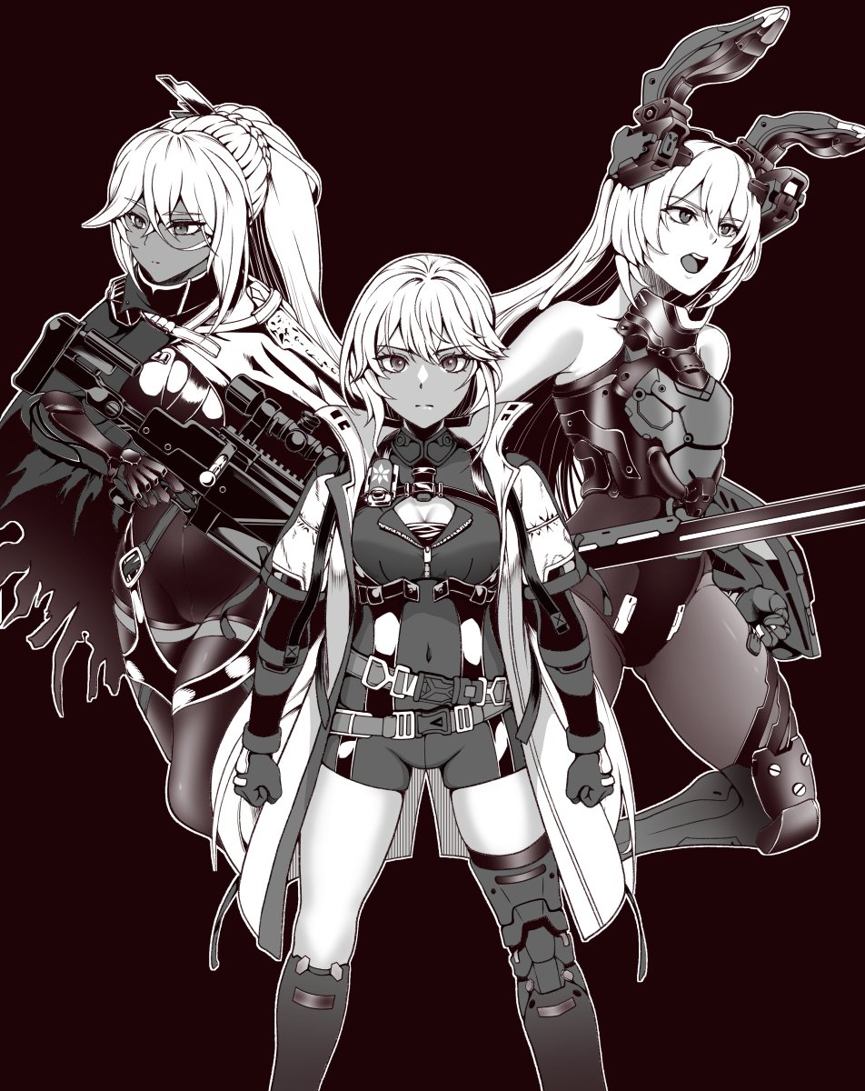 3girls, animal_ears, anti-materiel_rifle, armored_leotard, bare_shoulders, bolt_action, breasts, cleavage