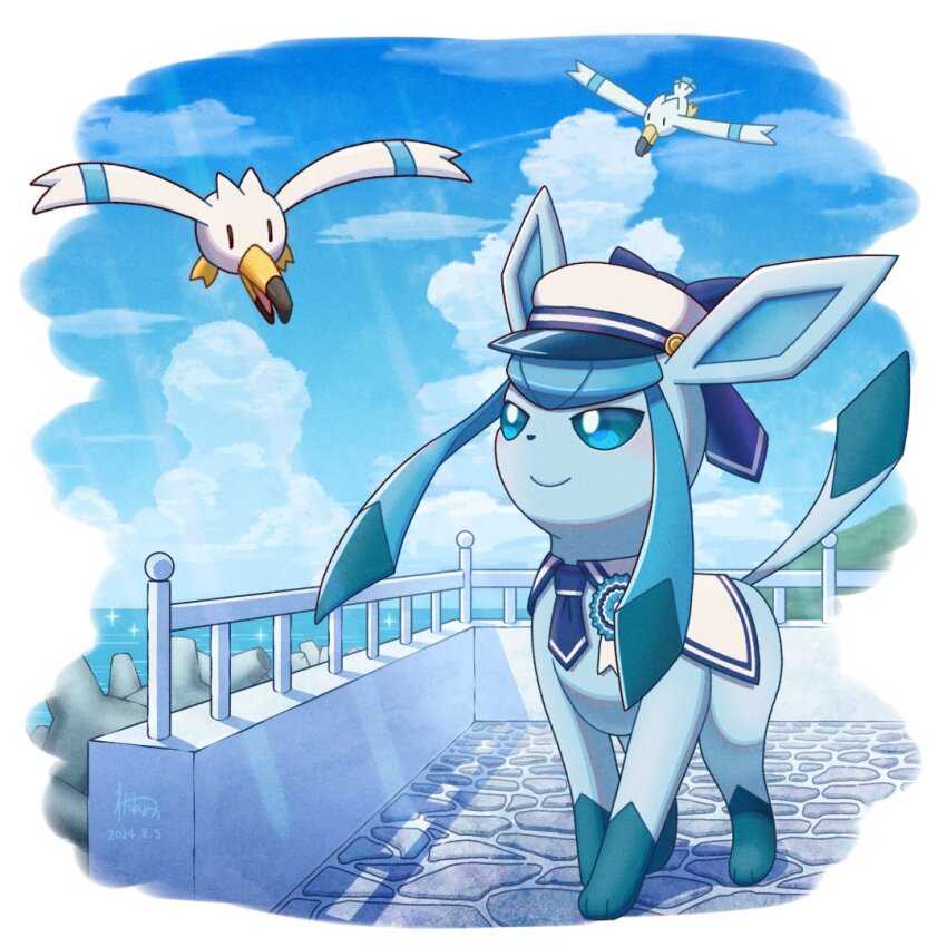 badge, bird, blue_eyes, blush, closed_mouth, cloud, commentary_request, day, gen_3_pokemon, gen_4_pokemon, glaceon, glaceon_(summer_sailor), hat, long_hair, necktie, nintendo, no_humans, outdoors, pokemon, pokemon_(creature), pokemon_cafe_remix, sailor_collar, sailor_hat, sidelocks, signature, smile, standing, wataame4907, water, wings, wingull