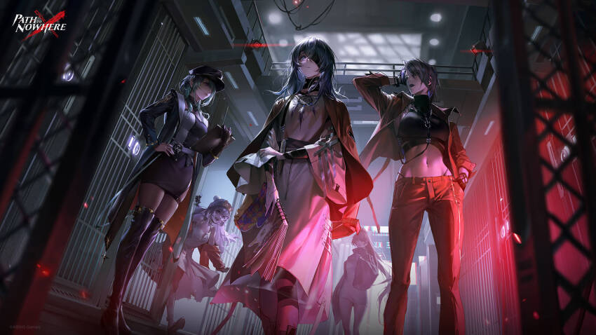 5girls, abs, ariel_(path_to_nowhere), arm_up, artist_request, bandage_over_one_eye, bandaged_neck, bandages