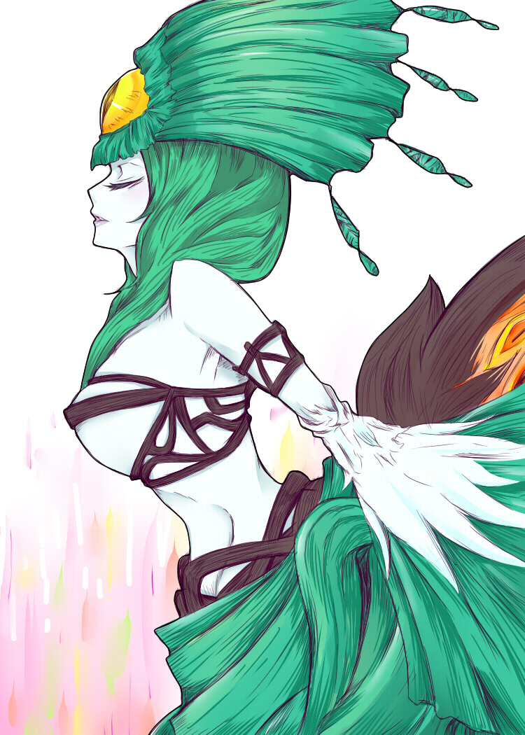 10s, 1girl, armband, armlet, bare_shoulders, blue_skin, closed_eyes, colored_skin, eyelashes, female_focus, god_eater, god_eater_burst, green_hair, headdress, jewelry, lipstick, long_hair, makeup, monster_girl, profile, sariel_(god_eater), simple_background, skindentation, solo, third_eye, uzuki_nagi, yellow_eyes