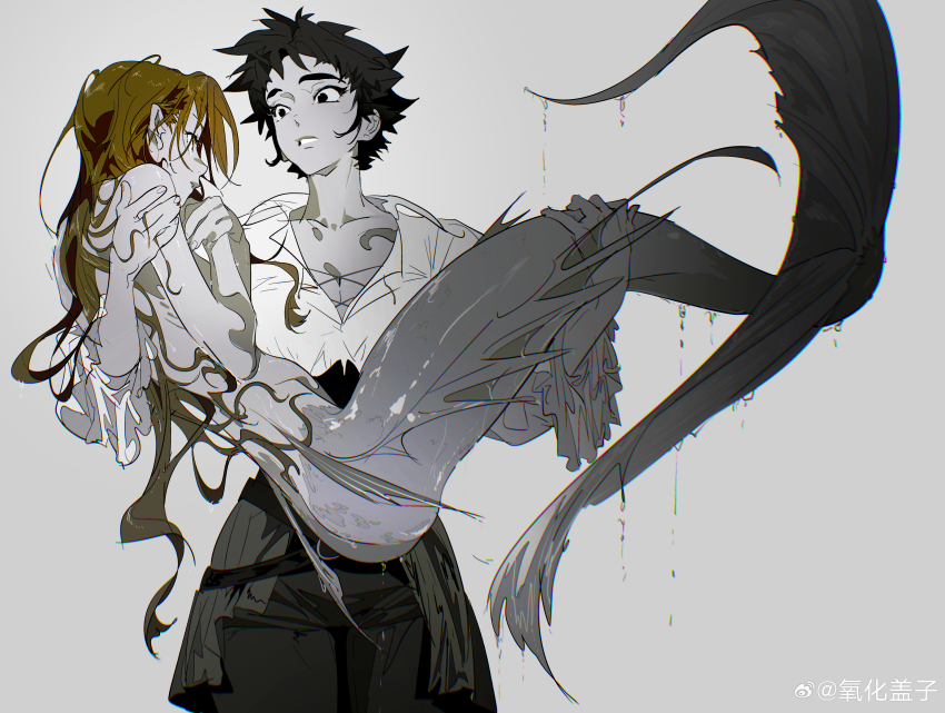 2girls, absurdres, belt, belt_buckle, black_belt, black_eyes, black_hair, black_pants, brown_hair, buckle, carrying, chinese_commentary, closed_mouth, collared_shirt, commentary_request, cowboy_shot, cross-laced_clothes, cross-laced_top, crossed_arms, crossed_belts, dripping, eyelashes, fingernails, fins, fish_tail, grey_background, grey_skirt, grey_tail, hand_on_another's_shoulder, high-waist_skirt, highres, lapels, lips, long_hair, long_sleeves, looking_at_another, mermaid, messy_hair, miniskirt, monster_girl, multiple_girls, notched_lapels, original, pants, parted_lips, pleated_skirt, princess_carry, shirt, short_hair, showgirl_skirt, simple_background, skirt, standing, tail, teeth, thick_eyebrows, topless_female, very_long_hair, watermark, weibo_watermark, wet, white_shirt, yanghua_gaizi, yuri