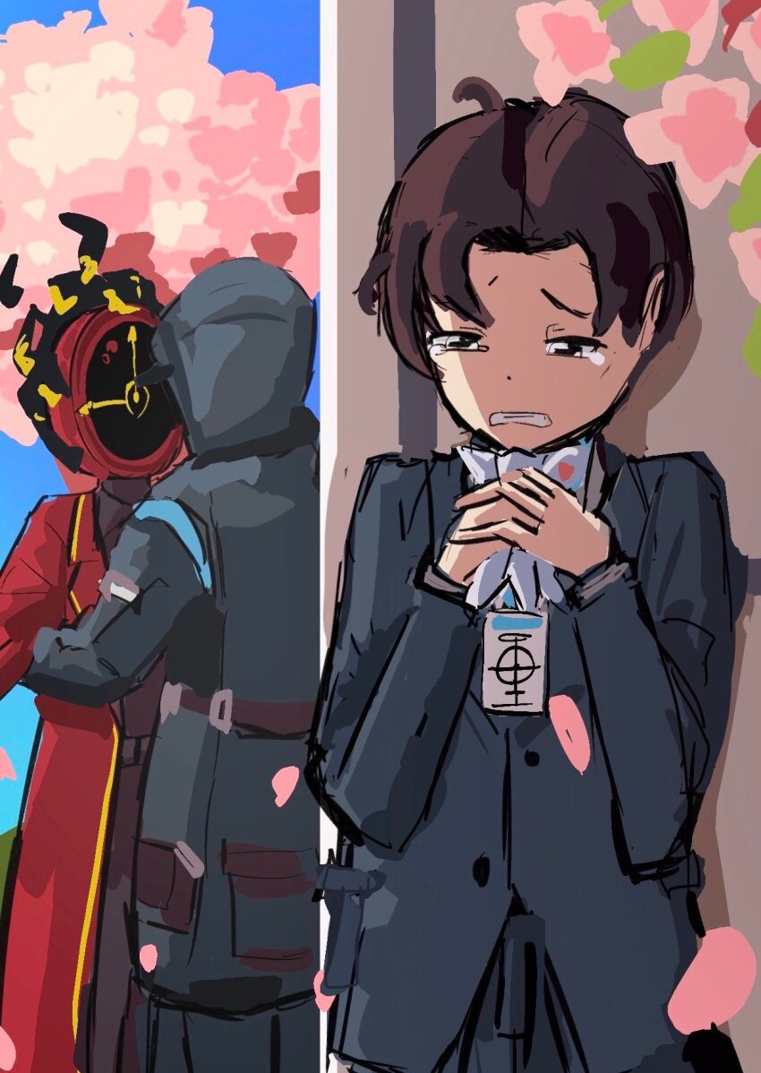 1boy, 2others, arknights, belt, black_coat, black_shirt, black_suit, blue_archive