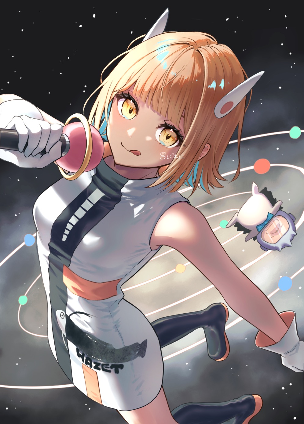 1girl, :q, black_footwear, blonde_hair, blue_eyes, blue_hair, boots, colored_inner_hair, dress, gloves, hair_ornament, hairclip, haze_haseru_haterumade_(zutomayo), highres, holding, holding_microphone, looking_at_viewer, microphone, multicolored_eyes, multicolored_hair, nira-chan, nira-chan_(haze_haseru_haterumade)_(zutomayo), sleeveless, sleeveless_dress, space, tanu_shigureni, tongue, tongue_out, two-tone_eyes, two-tone_hair, uniguri_(zutomayo), white_dress, white_gloves, yellow_eyes, zutto_mayonaka_de_ii_no_ni