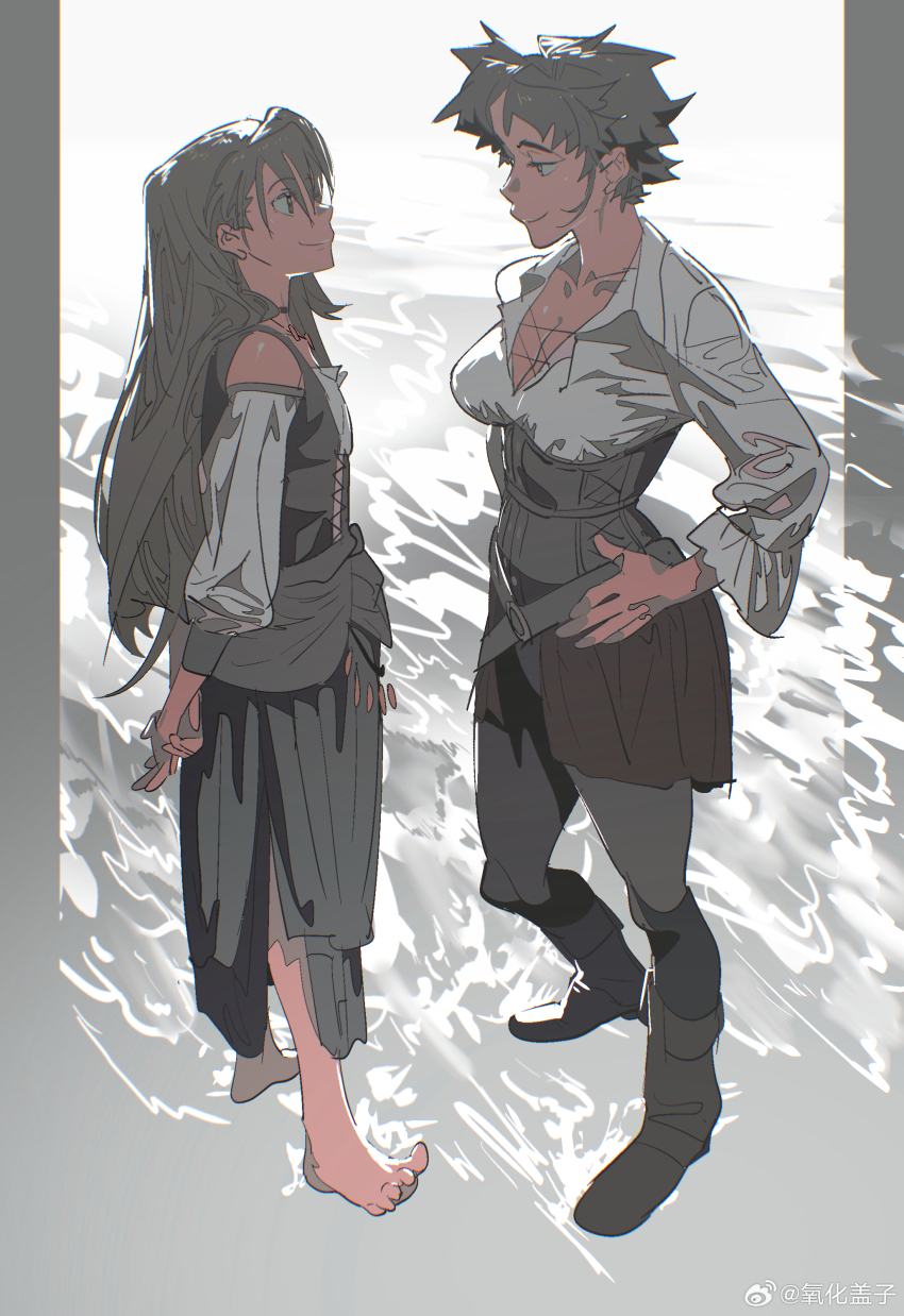 2girls, absurdres, arms_behind_back, bare_shoulders, barefoot, belt, belt_buckle, black_belt