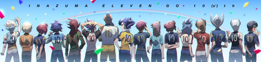 6+boys, ancient_dark, andou_tsuneyuki, anniversary, arakumo_gakuen, arakumo_gakuen_soccer_uniform, arms_behind_back, arms_behind_head