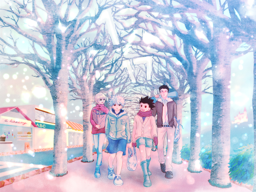 4boys, bag, belt, belt_buckle, black_hair, boots, branch, buckle, castle, coat_pouch, fur_trim, gon_freecss, groceries, grocery_bag, gu-hunter-suki, happy, highres, hunter_x_hunter, jacket, killua_zoldyck, kurapika, leorio_paladiknight, looking_up, multiple_boys, open_mouth, red_scarf, road, scarf, shirt, shop, shopping_bag, shorts, snow, spiked_hair, tree, white_hair, white_shirt, winter, winter_clothes