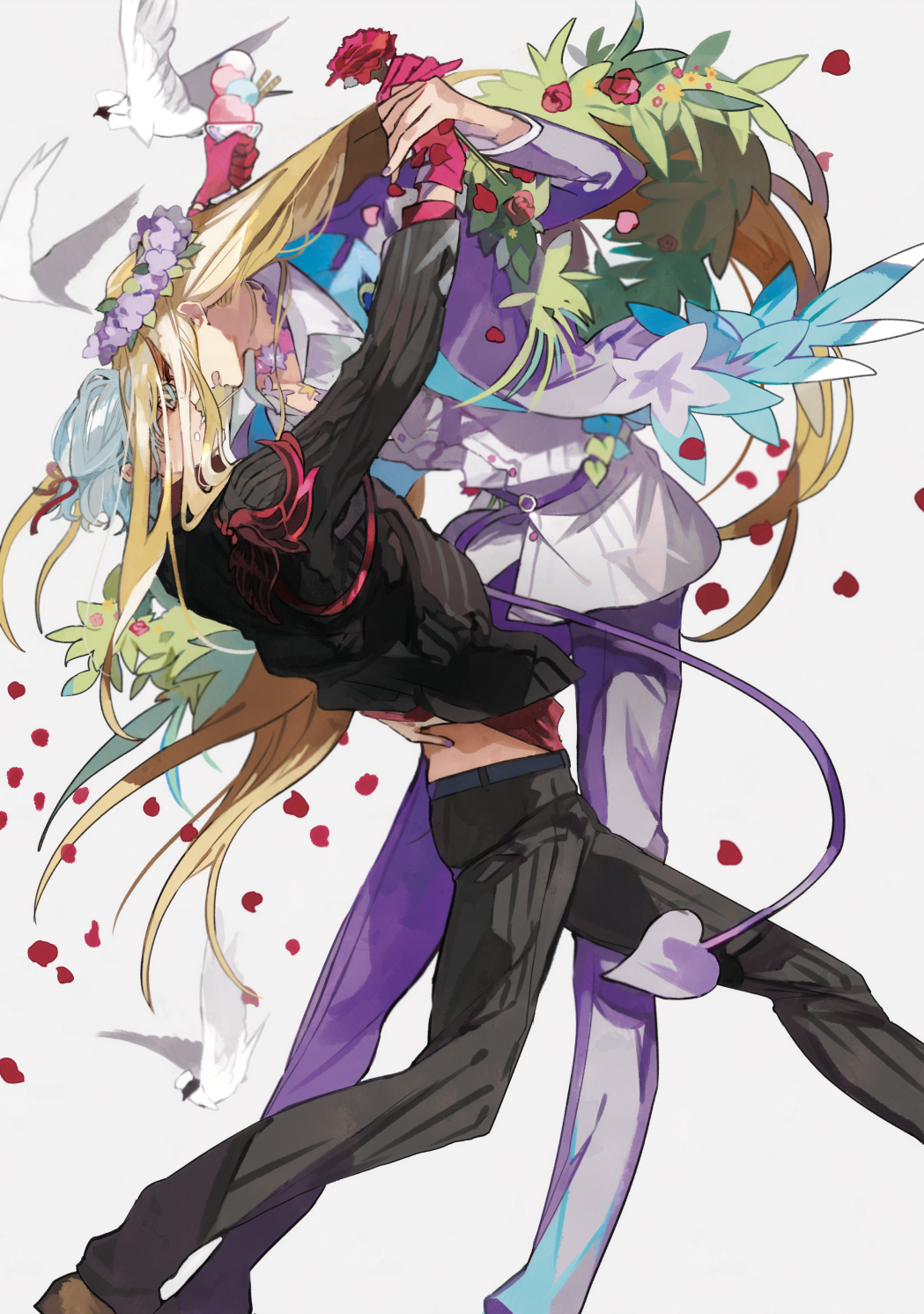 2boys, antonio_salieri_(fate), antonio_salieri_(traveling_outfit)_(fate), arms_up, belt, bird, black_jacket, black_pants