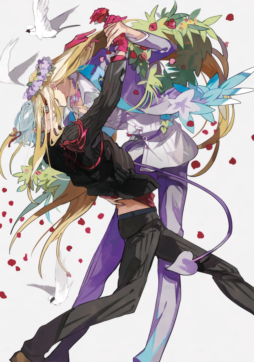 2boys, :p, antonio_salieri_(fate), antonio_salieri_(traveling_outfit)_(fate), arms_up, belt, bird, black_jacket