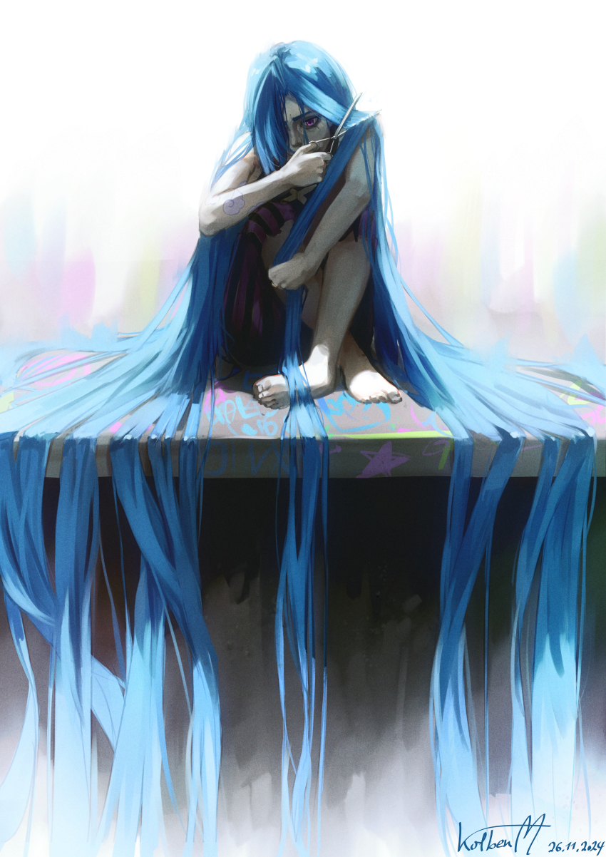 1girl, absurdly_long_hair, absurdres, arcane:_league_of_legends, arcane_jinx, arm_tattoo, artist_name, barefoot