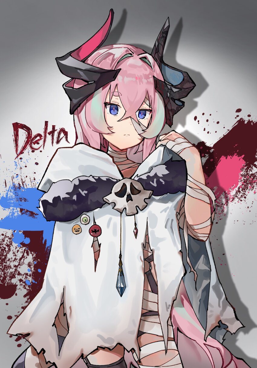 1girl, absurdres, bandaged_arm, bandaged_hand, bandaged_head, bandaged_leg, bandages, blue_eyes