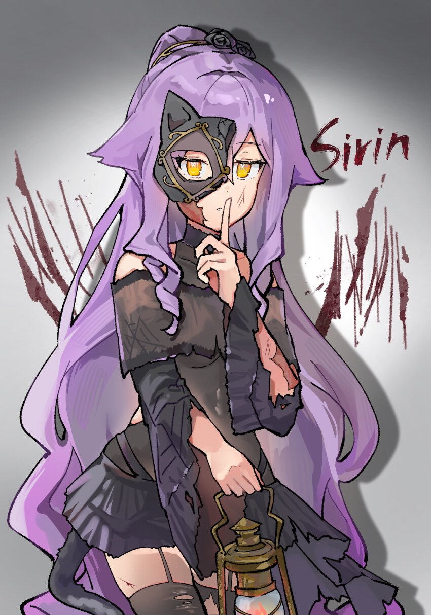 1girl, absurdres, bare_shoulders, black_flower, black_leotard, black_rose, black_skirt, black_thighhighs, breasts, character_name, commentary_request, covered_navel, eye_mask, finger_to_mouth, flower, garter_straps, grey_background, hair_flower, hair_ornament, half_mask, hanaguruma_(hana96ma), hand_up, highres, holding, holding_lantern, honkai_(series), honkai_impact_3rd, lantern, leotard, leotard_under_clothes, long_hair, long_sleeves, mask, orange_eyes, ponytail, purple_hair, rose, shushing, sirin, skirt, small_breasts, solo, tail, thighhighs, torn_clothes, torn_thighhighs, very_long_hair, wide_sleeves