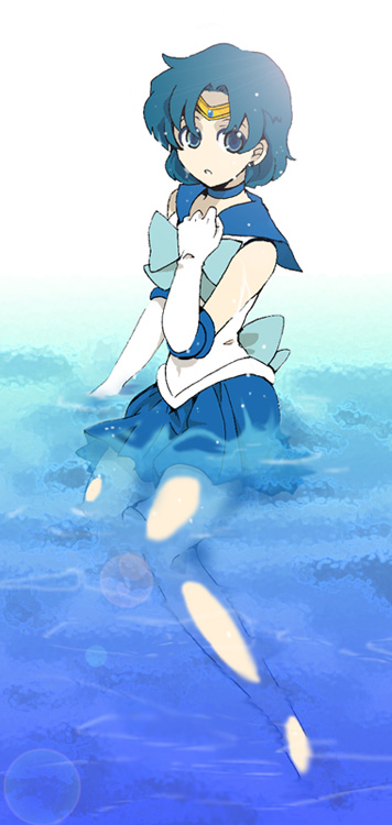1990s_(style), 1girl, barefoot, bishoujo_senshi_sailor_moon, blouse, blue_eyes, blue_hair, blue_sailor_collar, blue_skirt, blue_theme, bow, choker, elbow_gloves, eyebrows_hidden_by_hair, female_focus, full_body, gloves, magical_girl, matching_hair/eyes, mizuno_ami, pleated_skirt, retro_artstyle, ribbon, sailor_collar, sailor_mercury, shirt, short_hair, sitting, skirt, sleeveless, sleeveless_shirt, solo, submerged, tiara, tihori-t, water, white_gloves