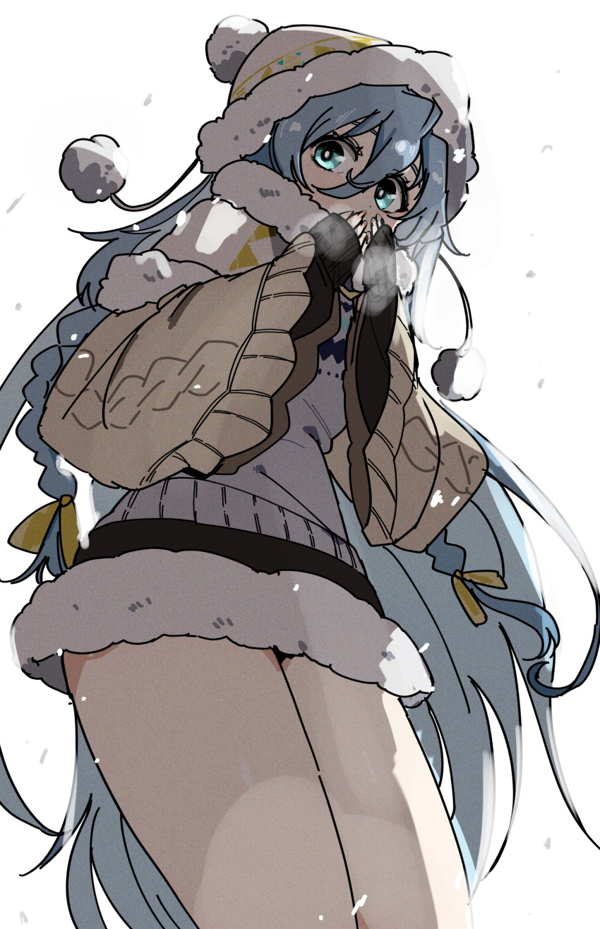 1girl, 37_(maidjump_goods_cafe)_(reverse:1999), 37_(reverse:1999), beanie, black_skirt, blue_eyes, blue_hair, brown_cloak, cloak, covered_mouth, covering_own_mouth, cowboy_shot, from_below, fur-trimmed_skirt, fur_trim, hands_up, hat, highres, long_hair, looking_at_viewer, miniskirt, official_alternate_costume, pom_pom_(clothes), pom_pom_beanie, reverse:1999, skirt, solo, breath, sweater, very_long_hair, white_background, white_sweater, ziyunshanding