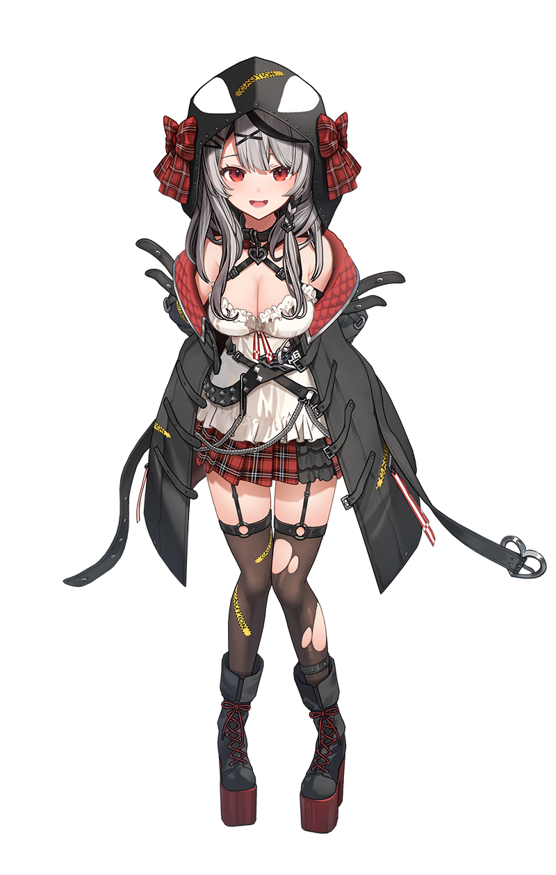 1girl, 3d, :d, animal_collar, animal_hood, arms_behind_back, bare_shoulders, belt, black_boots, black_coat, black_collar, black_hair, black_hood, blush, boots, bow, braid, breasts, brown_thighhighs, camisole, caution_tape, cleavage, coat, collar, colored_shoe_soles, criss-cross_straps, frilled_camisole, frills, full_body, garter_straps, grey_hair, hair_ornament, hairclip, heart, heart_collar, heart_o-ring, highres, hololive, hood, hood_up, jacket, lace-up_boots, large_breasts, leaning_forward, long_hair, looking_at_viewer, miniskirt, multicolored_hair, o-ring, o-ring_thigh_strap, off_shoulder, official_art, open_clothes, open_coat, open_mouth, orca_hood, parsley-f_(style), plaid_bow, plaid_clothes, plaid_skirt, platform_boots, platform_footwear, pleated_skirt, red_bow, red_eyes, red_skirt, sakamata_chloe, sakamata_chloe_(1st_costume), second-party_source, side_braid, simple_background, skirt, smile, solo, streaked_hair, studded_belt, tachi-e, thigh_strap, thighhighs, torn_clothes, torn_thighhighs, transparent_background, two-sided_fabric, two-sided_jacket, two-tone_hair, ukmey, virtual_youtuber, white_camisole, x_hair_ornament