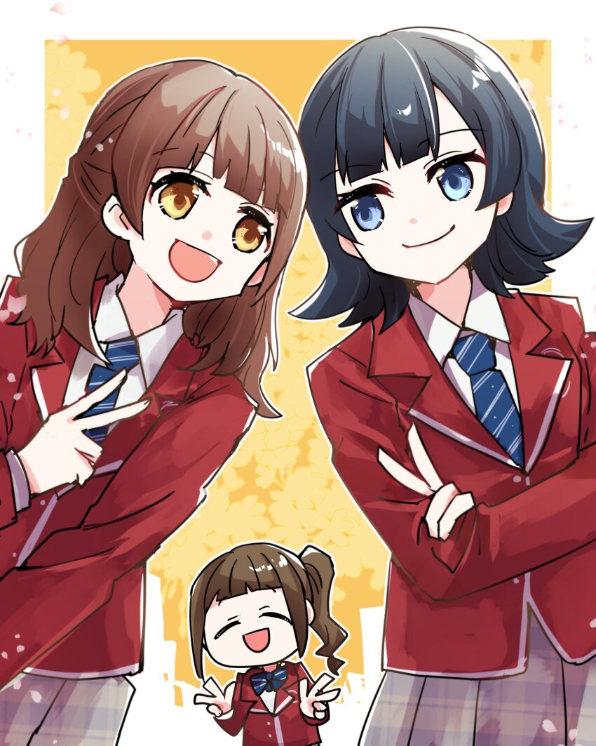 3girls, :d, blazer, blue_bow, blue_bowtie, blue_hair, blue_necktie, border