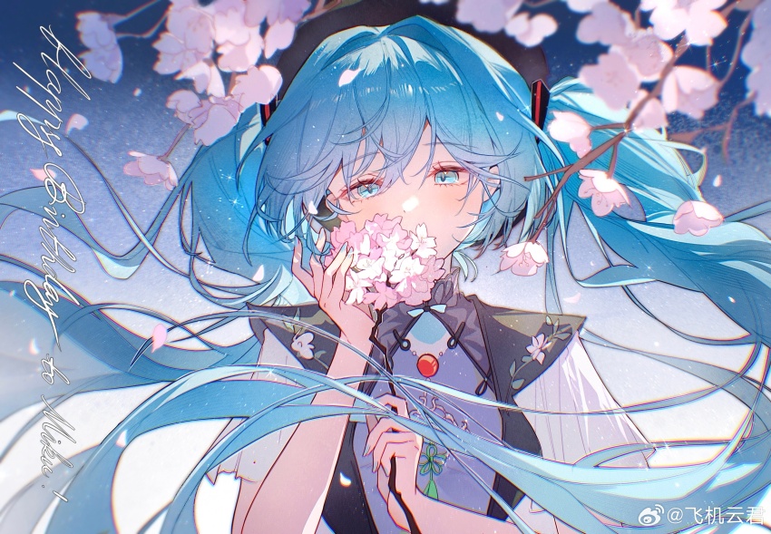 1girl, absurdres, black_hat, black_shirt, blue_background, blue_bow, blue_bowtie, blue_eyes