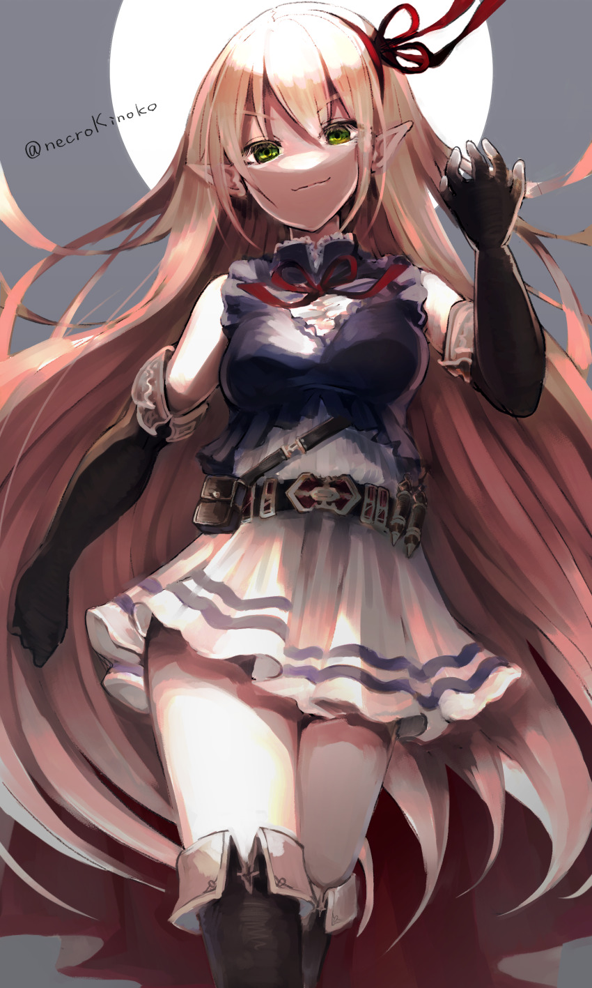1girl, absurdres, arisa_(shadowverse), blonde_hair, breasts, commentary, corruption, cygames, dark_persona, elbow_gloves, elf, evil_smile, gloves, green_eyes, hair_ribbon, hand_up, highres, iceschillendrig, long_hair, looking_at_viewer, pointy_ears, possessed, possession, ribbon, sakura-konoha, shadowverse, skirt, smile