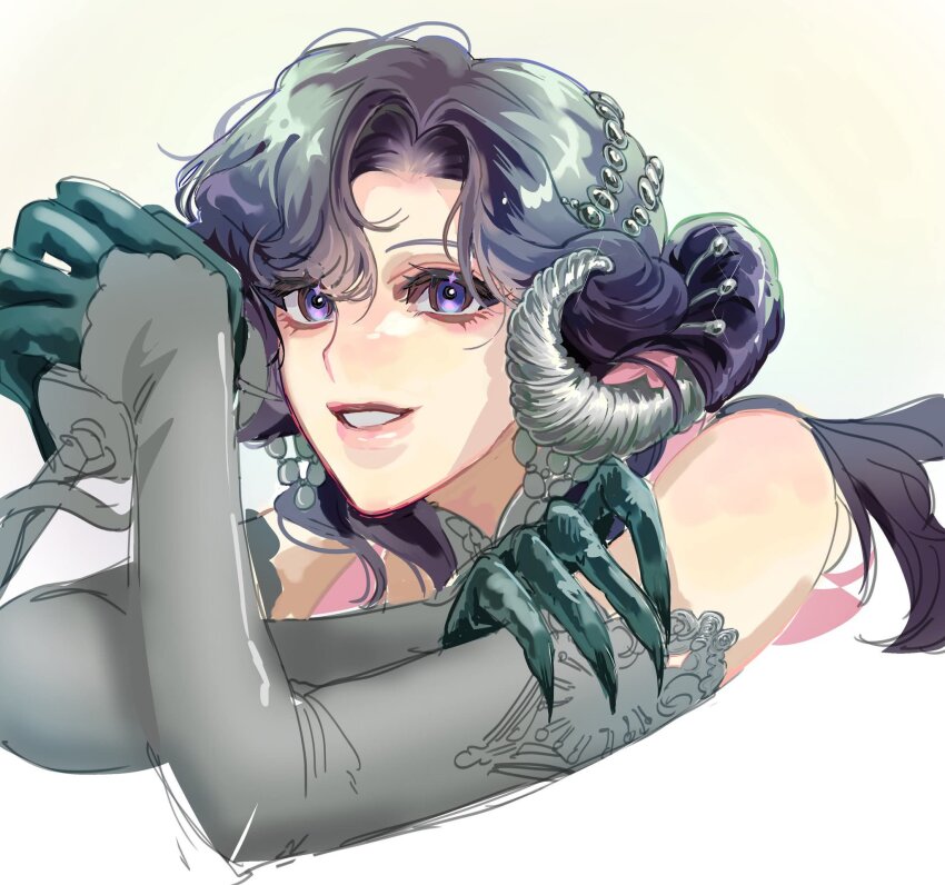 1girl, anjo_nala, bare_shoulders, black_hair, crossed_arms, curled_horns, demon_horns, elbow_gloves, gloves, gradient_background, grey_gloves, grey_horns, grin, hands_up, highres, horns, long_hair, looking_at_viewer, low_horns, lying, on_stomach, purple_eyes, reverse:1999, smile, solo, suuukido1987, the_pose, two-tone_background, upper_body, white_background, yellow_background