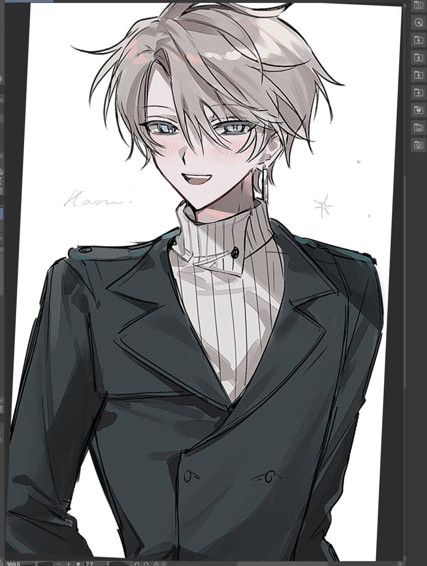 1boy, :d, art_program_in_frame, black_coat, blue_eyes, blush, buttons, coat