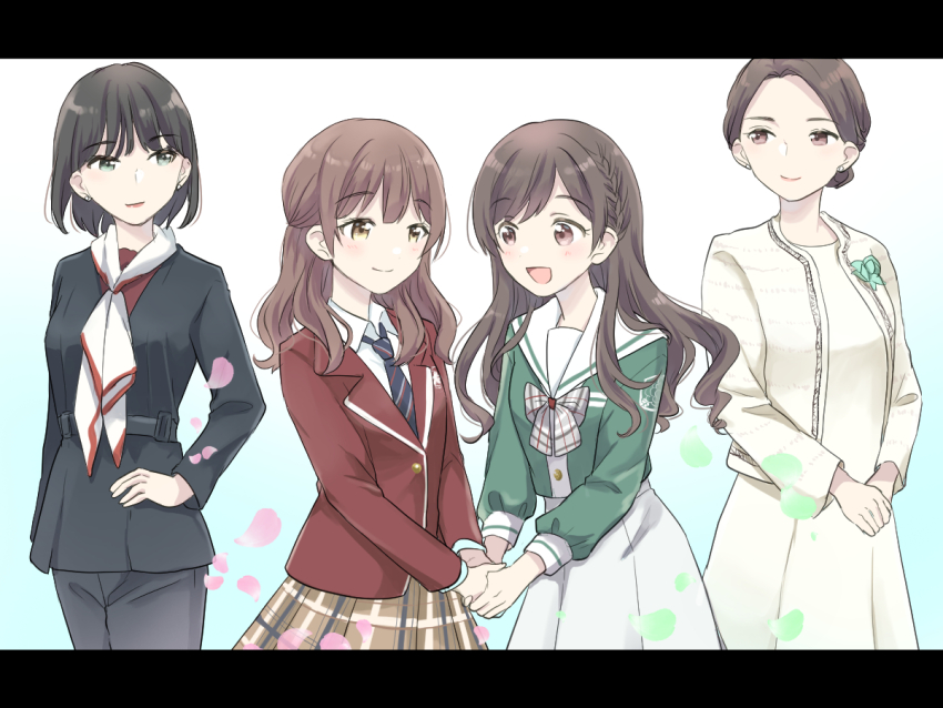 4girls, :d, black_hair, black_jacket, black_necktie, black_pants, blazer, blue_background