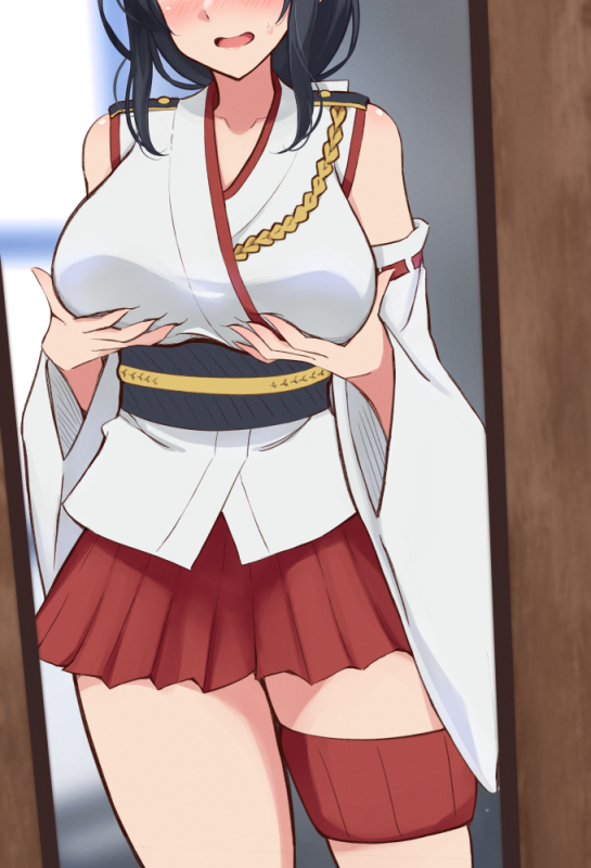 1girl, black_hair, breasts, detached_sleeves, epaulettes, groping, hair_ribbon, head_out_of_frame