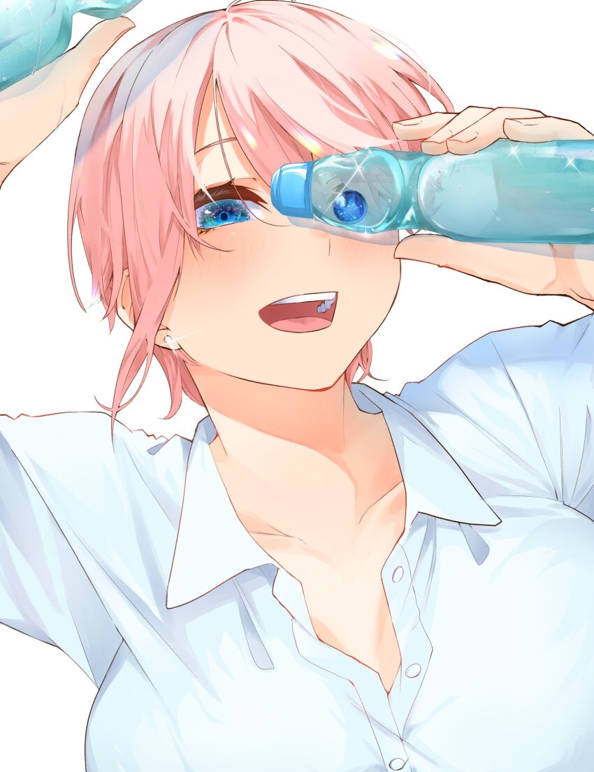 1girl, absurdres, arms_up, blue_eyes, breasts, collared_shirt, earrings, go-toubun_no_hanayome