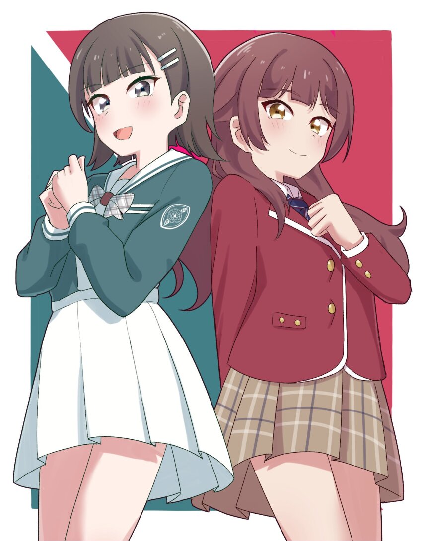 2girls, :d, black_hair, blazer, blue_necktie, blunt_bangs, border, bow